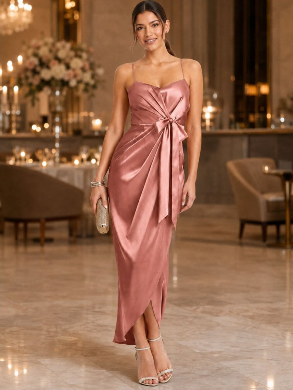 NWT After Six 6828 Desert Rose Charmeuse Midi Dress Size 6